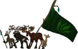 Size: 1564x987 | Tagged: safe, artist:unoservix, derpibooru import, oc, oc only, deer, moose, original species, elk, fawn, flag, group, hoof hold, male, non-pony oc, quartet, simple background, spear, stag, transparent background, weapon