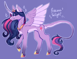 Size: 2123x1651 | Tagged: safe, artist:venobatss, derpibooru import, princess twilight 2.0, twilight sparkle, twilight sparkle (alicorn), alicorn, pony, the last problem, colored wings, concave belly, crown, curved horn, ethereal mane, female, frown, hoof shoes, horn, jewelry, leonine tail, mare, older, older twilight, pale belly, peytral, princess shoes, purple background, raised hoof, raised leg, regalia, simple background, slim, solo, starry mane, starry tail, sternocleidomastoid, tail, thin, tiara, two toned wings, wings