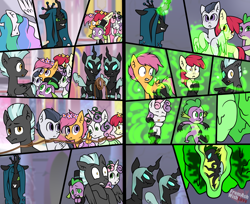 Size: 3800x3100 | Tagged: safe, artist:loverashley, derpibooru import, apple bloom, princess celestia, queen chrysalis, rumble, scootaloo, spike, sweetie belle, thunderlane, changeling, changeling queen, dragon, changeling slime, changelingified, cocoon, comic, cutie mark crusaders, female, filly, foal, glowing, glowing horn, helmet, horn, male, mare, scared, species swap, stallion, transformation, victorious villain