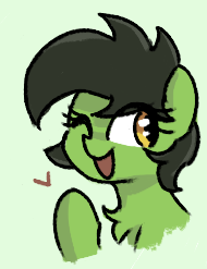 Size: 190x247 | Tagged: safe, artist:plunger, twibooru import, oc, oc only, oc:anon filly, pony, chest fluff, female, filly, foal, green background, one eye closed, open mouth, open smile, picture for breezies, raised hoof, raised leg, simple background, smiling, solo, wink