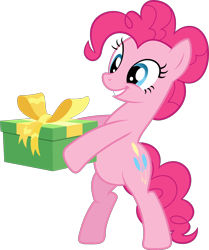 Size: 2000x2393 | Tagged: safe, artist:shutterflyyay, derpibooru import, pinkie pie, earth pony, pony, a friend in deed, .svg available, april fools, bipedal, present, ribbon, simple background, smiling, solo, transparent background, vector