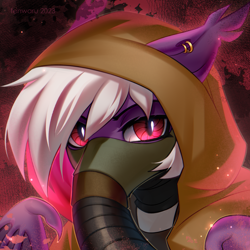 Size: 2000x2000 | Tagged: safe, artist:fenwaru, derpibooru import, oc, oc only, oc:neuron dialect, bat pony, cyborg, pony, fanfic:iron hearts, amputee, bat pony oc, bust, cyborg pony, ear piercing, earring, gas mask, hood, jewelry, mask, piercing, portrait, prosthetic eye, prosthetics