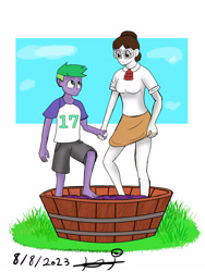 Size: 1200x1600 | Tagged: safe, artist:helsaabi, derpibooru import, raven, spike, dragon, human, unicorn, equestria girls, alcohol, clothes, cute, duo, equestria girls-ified, feet, female, food, glasses, grapes, hair bun, height difference, holding hands, human spike, humanized, legs, looking at someone, looking down, male, necktie, pressing grapes, ravenbetes, ravenspike, request, secretary, shipping, shirt, shorts, skirt, skirt lift, spikabetes, straight, t-shirt, wine, wine making