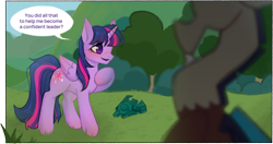 Size: 2951x1558 | Tagged: safe, alternate version, artist:daffolyn, derpibooru import, part of a series, part of a set, discord, twilight sparkle, twilight sparkle (alicorn), alicorn, comic:discordant intentions, comic:discordant intentions (version 2), the ending of the end, bell, blushing, comic, commissioner:zcord, concave belly, folded wings, grass, grogar's bell, high res, hoof on chest, offscreen character, outdoors, question mark, twilight day, wings