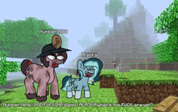 Size: 1393x878 | Tagged: safe, artist:reddthebat, derpibooru import, oc, oc only, oc:alaska (reddthebat), oc:number nine, bird, chicken, earth pony, ghost, ghost pony, pegasus, pony, alpha minecraft, angry, arrow, coat markings, colored hooves, deltarune, dirt, duo, eyes closed, facial markings, female, fog, god fucking damnit kris where the fuck are we, grass, headlamp, helmet, herobrine, hill, mare, minecraft, mining helmet, small wings, socks (coat marking), standing, star (coat marking), tree, unshorn fetlocks, vulgar, wings