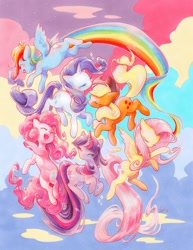 Size: 927x1200 | Tagged: safe, artist:flee_bites, artist:fleebites, derpibooru import, applejack, fluttershy, pinkie pie, rainbow dash, rarity, twilight sparkle, unicorn twilight, earth pony, pegasus, pony, unicorn, applejack's hat, clothes, colorful, cowboy hat, ears, ears back, eyes closed, female, floppy ears, flying, group, hat, horn, impossibly long tail, mane six, mare, open mouth, open smile, rainbow trail, sextet, signature, smiling, spread wings, tail, wings