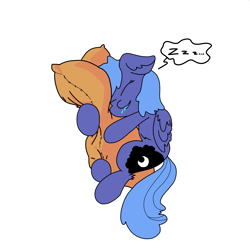 Size: 3508x3508 | Tagged: safe, artist:ponny, derpibooru import, princess luna, alicorn, colored, drool, female, filly, foal, hug, pillow, pillow hug, simple background, sleeping, solo, speech bubble, text, white background, woona, younger