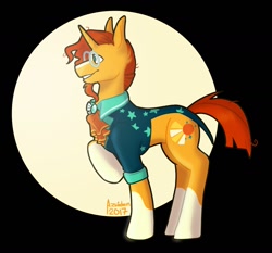 Size: 1280x1194 | Tagged: safe, artist:azuiden, derpibooru import, sunburst, pony, unicorn, 2017, black background, blaze (coat marking), cloak, clothes, coat markings, concave belly, cutie mark accessory, digital art, facial markings, formal wear, glasses, male, one leg raised, signature, simple background, smiling, socks (coat marking), solo, sunburst's cloak, sunburst's glasses