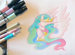 Size: 1024x756 | Tagged: safe, artist:fleebites, derpibooru import, princess celestia, alicorn, pony, female, hair over one eye, mare, solo, spread wings, traditional art, wings