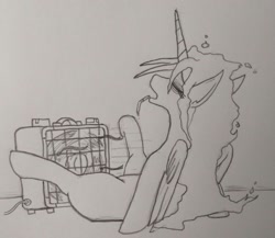 Size: 907x789 | Tagged: safe, artist:jargon scott, derpibooru import, oc, oc only, oc:dyx, alicorn, pony, cigarette, eyes closed, fan, female, grayscale, hot, mare, monochrome, older, older dyx, open mouth, pencil drawing, sitting, solo, spread legs, spreading, traditional art