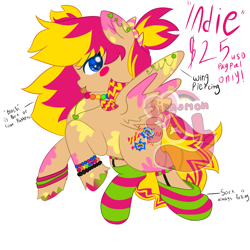 Size: 2048x2048 | Tagged: safe, artist:sinnamonsol, derpibooru import, oc, pegasus, adoptable, clothes, coat markings, female, kidcore, mare, scene kid, socks, solo, spread wings, striped socks, wings