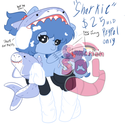 Size: 2048x2048 | Tagged: safe, artist:sinnamonsol, derpibooru import, oc, pegasus, adoptable, black socks, blue coat, blue mane, clothes, female, folded wings, leg warmers, mare, plushie, shark plushie, socks, solo, wings