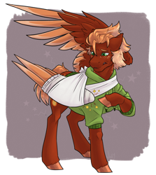 Size: 2176x2436 | Tagged: safe, artist:jeshh, derpibooru import, oc, oc only, oc:pavlos, pegasus, pony, bandage, broken bone, broken wing, brown background, cast, clothes, colored hooves, freckles, hoodie, injured, pain, ponified, sad, short tail, simple background, sling, solo, species swap, tail, unshorn fetlocks, wings
