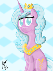Size: 1620x2160 | Tagged: safe, artist:jesslmc16, derpibooru import, idw, radiant hope, crystal pony, pony, unicorn, g4, crown, crystal, female, jewelry, jewels, looking at you, mare, princess, princess radiant hope, regalia, simple background, sitting, smiling, smiling at you, solo, white background