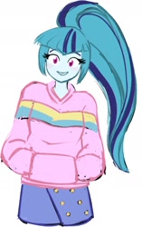 Size: 1042x1662 | Tagged: safe, artist:rileyav, derpibooru import, sonata dusk, human, equestria girls, blushing, clothes, cute, female, hand in pocket, looking at you, old art, simple background, smiling, smiling at you, solo, sonatabetes, sweater, white background