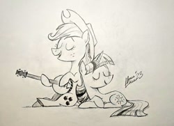 Size: 1024x742 | Tagged: safe, artist:mellodillo, derpibooru import, applejack, twilight sparkle, unicorn twilight, earth pony, pony, unicorn, banjo, commission, crossed hooves, dexterous hooves, duo, eyes closed, female, grayscale, lying down, mare, monochrome, musical instrument, open mouth, open smile, pencil drawing, prone, sitting, smiling, traditional art