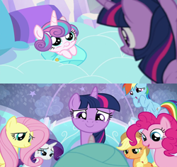 Size: 1322x1244 | Tagged: safe, derpibooru import, edit, edited screencap, editor:incredibubbleirishguy, screencap, applejack, fluttershy, pinkie pie, princess flurry heart, rainbow dash, rarity, twilight sparkle, twilight sparkle (alicorn), alicorn, pony, the crystalling, auntie twilight, baby, baby alicorn, baby pony, cute, daaaaaaaaaaaw, flurrybetes, mane six