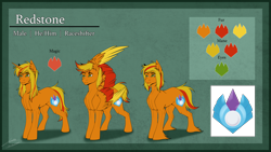 Size: 4800x2700 | Tagged: safe, artist:lunciakkk, derpibooru import, oc, oc:redstone, earth pony, pegasus, pony, unicorn, reference sheet, solo