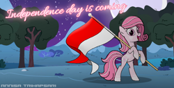 Size: 1024x521 | Tagged: safe, artist:noi kincade, artist:noikincade67, derpibooru import, oc, oc only, oc:annisa trihapsari, earth pony, pony, cute, earth pony oc, flag, happy, heart, indonesia, moon, mountain, night, ocbetes, open mouth, open smile, redesign, signature, simple background, smiling, solo