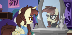 Size: 2233x1079 | Tagged: safe, artist:darbypop1, derpibooru import, oc, oc:darby, alicorn, pony, clothes, female, glasses, mare, mirror, reflection, shirt, solo