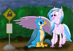 Size: 3508x2480 | Tagged: safe, artist:jack-varus, derpibooru import, gallus, silverstream, classical hippogriff, griffon, hippogriff, female, gallstream, high res, male, my neighbor totoro, older, older gallus, older silverstream, rain, shipping, sign, size difference, straight, wet, wet mane, wing umbrella, wings