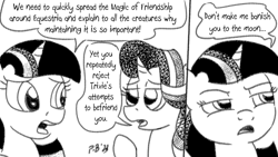 Size: 1200x675 | Tagged: safe, artist:pony-berserker, derpibooru import, starlight glimmer, twilight sparkle, twilight sparkle (alicorn), alicorn, pony-berserker's twitter sketches, magic of friendship, monochrome, pony-berserker's twitter sketches (2023), to the moon