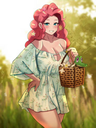 Size: 800x1066 | Tagged: safe, artist:tzc, derpibooru import, gummy, pinkie pie, alligator, human, equestria girls, basket, blushing, breasts, clothes, dress, female, flower, flower in hair, grass, grin, pinkie pies, smiling, solo, sundress, tree