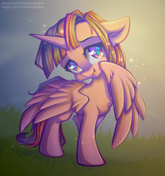 Size: 935x1000 | Tagged: safe, artist:chaosangeldesu, derpibooru import, twilight sparkle, twilight sparkle (alicorn), alicorn, pony, looking at you, smiling, smiling at you, solo, wings