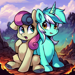 Size: 768x768 | Tagged: safe, ai content, derpibooru import, generator:stable diffusion, machine learning assisted, machine learning generated, bon bon, lyra heartstrings, sweetie drops, earth pony, pony, unicorn, back to back, cute, duo, fire, generator:ponydiffusion, looking at you, mountain, open mouth, sitting, volcano