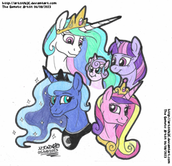 Size: 4260x4101 | Tagged: safe, artist:artistnjc, derpibooru import, princess cadance, princess celestia, princess flurry heart, princess luna, twilight sparkle, twilight sparkle (alicorn), alicorn, pony, g4, alicorn pentarchy, colored, deviantart, family, group, royal sisters, siblings, signature, simple background, sisters, traditional art, white background