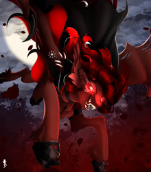 Size: 2256x2563 | Tagged: safe, artist:taiga-blackfield, derpibooru import, oc, oc only, oc:empyra, bat pony, fanfic:iron hearts, amulet, bat pony oc, cape, chaos star, clothes, fangs, female, jewelry, moonlight, night, red eyes, sharp teeth, solo, teeth