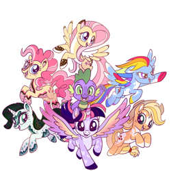 Size: 1000x1000 | Tagged: safe, artist:sugvr_alien, derpibooru import, applejack, fluttershy, pinkie pie, rainbow dash, rarity, spike, twilight sparkle, twilight sparkle (alicorn), alicorn, deer, deer pony, dragon, earth pony, original species, pegasus, peryton, pony, unicorn, alternate design, mane seven, mane six, redesign, redraw, simple background, white background