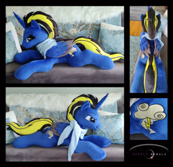 Size: 1280x1241 | Tagged: safe, artist:purplenebulastudios, derpibooru import, oc, oc:stormbreaker, alicorn, pony, clothes, irl, lying down, male, photo, plushie, prone, scarf, solo, stallion