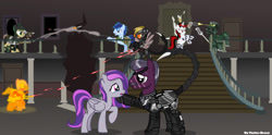 Size: 1125x558 | Tagged: safe, artist:vector-brony, derpibooru import, oc, oc:blackjack, oc:dawn, oc:dawn (project horizons), oc:p-21, oc:sky striker, cyborg, earth pony, pegasus, pony, unicorn, fallout equestria, fallout equestria: project horizons, building, crying, cyborg pony, fanfic art, fight, gun, hat, married couple, pegasus oc, shooting, weapon