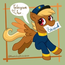 Size: 2048x2048 | Tagged: safe, derpibooru import, pegasus, pony, forced meme, hat, letter, looking at you, mailmare, mailpony, shitfuck meme, swift reply, vulgar