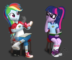 Size: 600x501 | Tagged: safe, artist:tidmouthmilk12, rainbow dash, twilight sparkle, equestria girls, feet, female, foot fetish, socks