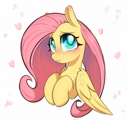 Size: 1000x952 | Tagged: safe, artist:inkypuso, derpibooru import, fluttershy, pegasus, pony, big eyes, blushing, bust, cute, female, floating heart, heart, looking at you, mare, shyabetes, simple background, smiling, smiling at you, solo, teary eyes, white background
