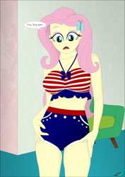 Size: 1308x1848 | Tagged: safe, artist:fab3716, derpibooru import, fluttershy, human, equestria girls, clothes, french, solo, swimsuit, translated in the description