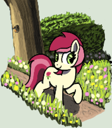 Size: 378x430 | Tagged: safe, artist:maretian, derpibooru import, roseluck, earth pony, pony, cute, cuteluck, female, flower, grass, grass field, mare, raised hoof, raised leg, solo, tree