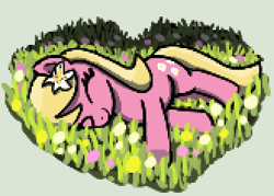 Size: 330x236 | Tagged: safe, artist:maretian, derpibooru import, lily, lily valley, earth pony, pony, cute, female, flower, grass, grass field, heart, hnnng, horses doing horse things, lilybetes, lying down, lying on the ground, mare, sleeping, smiling, solo
