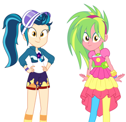 Size: 3056x2967 | Tagged: safe, artist:sarahalen, derpibooru import, indigo zap, lemon zest, human, equestria girls, alternate universe, base used, duo, duo female, female, ponytail, role reversal, simple background, white background