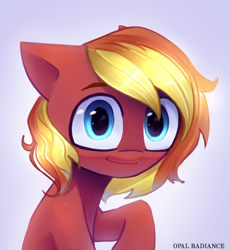 Size: 2506x2724 | Tagged: safe, artist:opal_radiance, derpibooru import, oc, oc only, oc:bramble berry, earth pony, pony, earth pony oc, eyebrows, high res, looking at you, male, shy, shy smile, signature, simple background, smiling, smiling at you, solo, stallion, white background