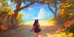 Size: 1024x512 | Tagged: safe, ai content, derpibooru import, generator:stable diffusion, machine learning generated, twilight sparkle, human, equestria girls, beach, female, prompter:lateempire, solo, sunlight
