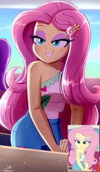 Size: 1934x3334 | Tagged: safe, artist:the-butch-x, derpibooru import, fluttershy, butterfly, human, better together, equestria girls, spring breakdown, bare shoulders, beautiful, bedroom eyes, blushing, breasts, clothes, cloud, cruise outfit, cute, eyebrows, eyeshadow, female, geode of fauna, grin, hairclip, high res, hootershy, magical geodes, makeup, outdoors, scene interpretation, screencap reference, shorts, shyabetes, signature, sky, smiling, solo, stupid sexy fluttershy, yacht