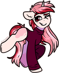 Size: 1519x1895 | Tagged: safe, artist:sexygoatgod, derpibooru import, oc, oc only, pony, unicorn, adoptable, clothes, female, one eye closed, simple background, solo, sweater, transparent background, turtleneck, wink