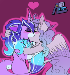 Size: 2592x2792 | Tagged: safe, artist:zinny, derpibooru import, oc, oc:prince plushy soft, oc:stell, alicorn, semi-anthro, unicorn, cute, eyes closed, fluffy, gay, kiss on the lips, kissing, male, oc x oc, shipping