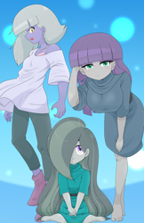 Size: 3419x5268 | Tagged: safe, alternate version, artist:batipin, derpibooru import, limestone pie, marble pie, maud pie, equestria girls, barefoot, feet, female, females only, looking at you, sitting, smiling, smiling at you, toes