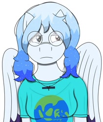 Size: 698x826 | Tagged: safe, derpibooru import, oc, oc:altersmay earth, anthro, pegasus, pony, clothes, colored wings, female, glasses, jewelry, looking sideways, necklace, older altersmay earth, pegasus oc, planet ponies, ponified, round glasses, shirt, simple background, solo, species swap, t-shirt, unamused, white background, wings