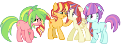 Size: 1658x616 | Tagged: safe, artist:sarahalen, derpibooru import, lemon zest, moondancer, sunny flare, sunset shimmer, alicorn, earth pony, pony, unicorn, alternate universe, base used, equestria girls ponified, female, group, mare, ponified, role reversal, simple background, species swap, white background