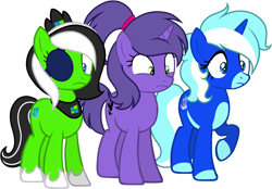 Size: 2148x1496 | Tagged: safe, artist:guruyunus17, artist:sleepibases, derpibooru import, oc, oc only, oc:cool breezes, oc:teahie, oc:violetta cuddles belle, earth pony, pony, unicorn, series:the guardian of leadership, base used, eyepatch, female, mare, ponytail, simple background, transparent background, trio, trio female, wide eyes